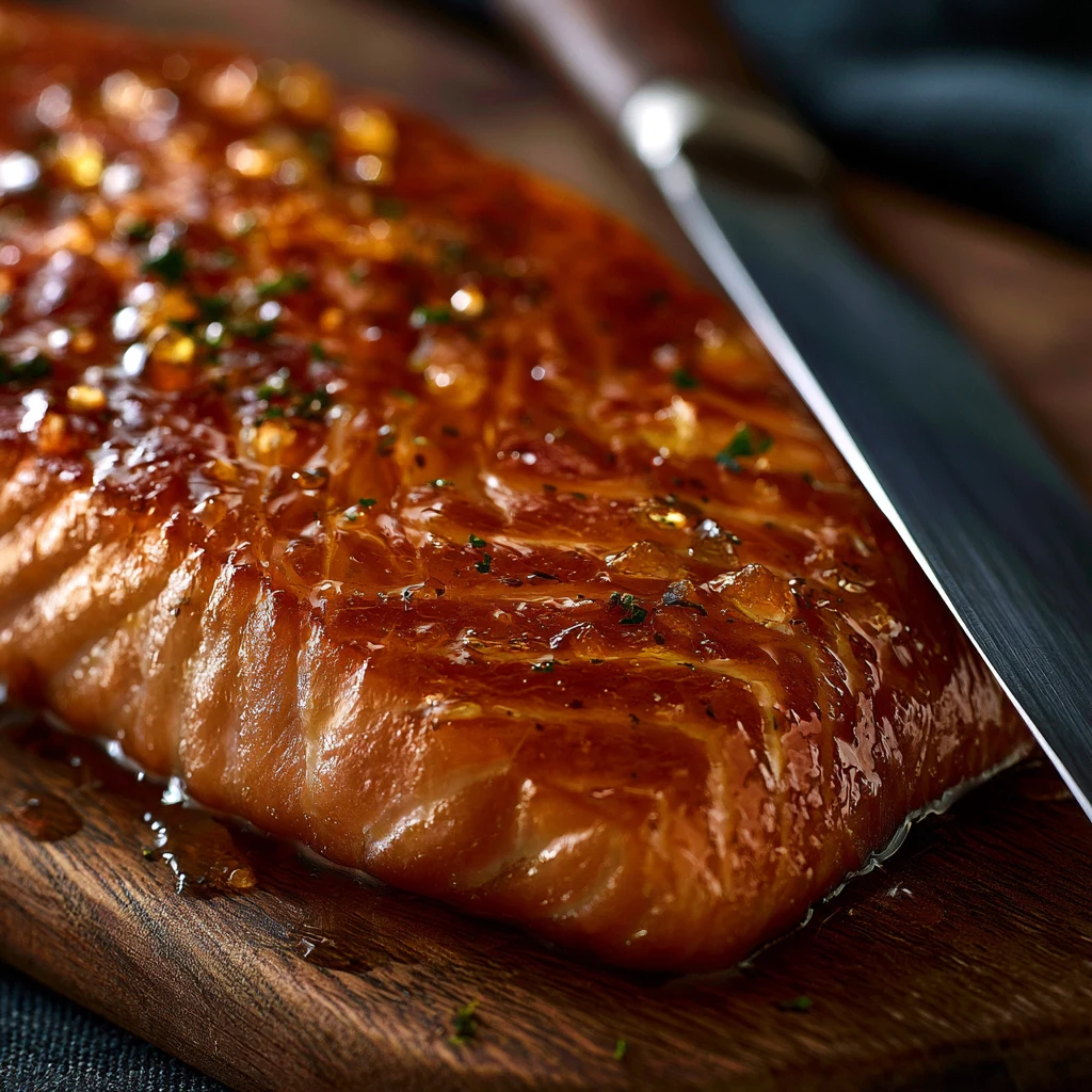 Macro detail of cold-smoked salmon flesh, translucent amber slices, the surface lacquered by smoke, knife marks visible across the cut