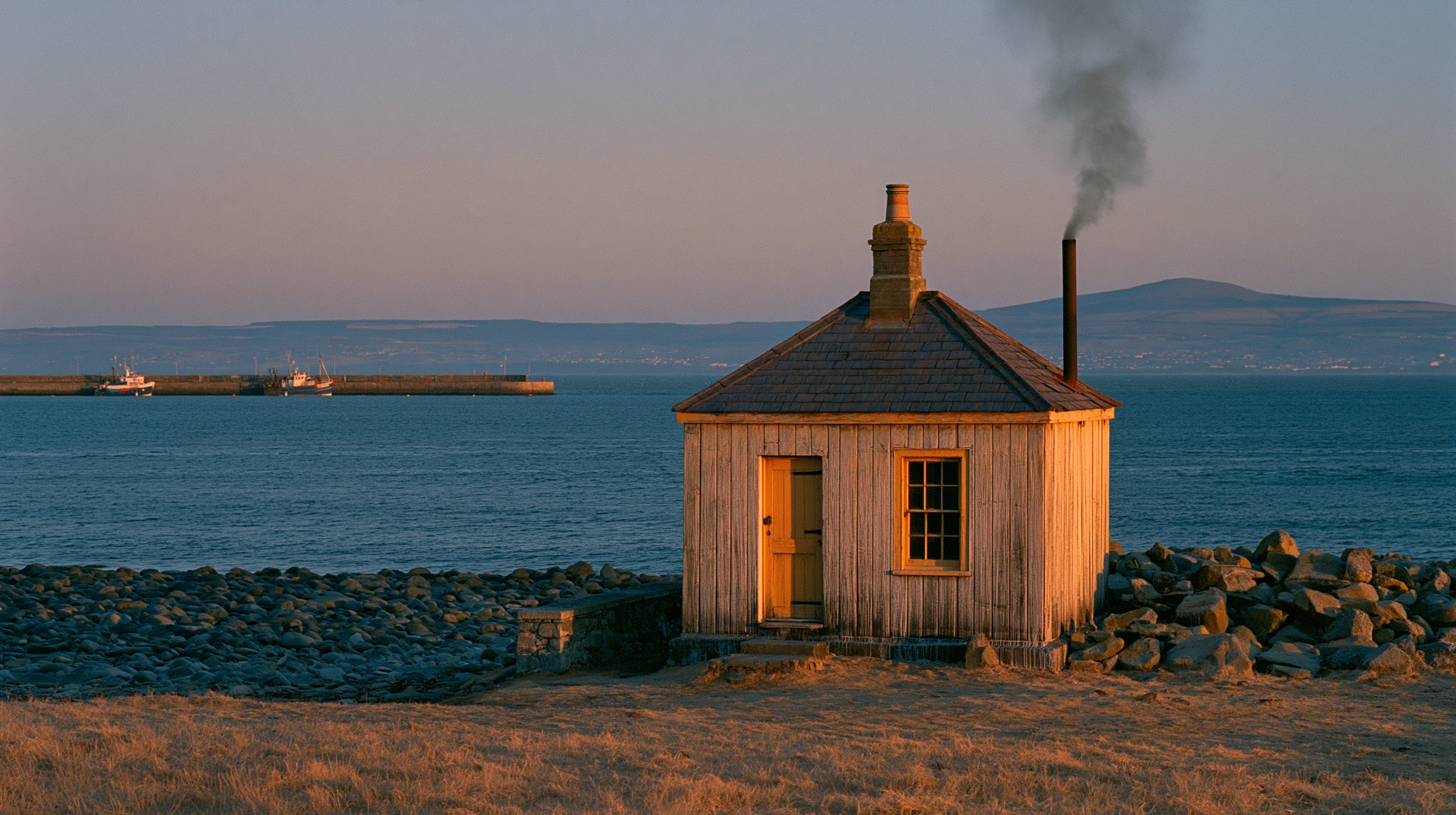 Smokehouse exterior at dawn, low North Atlantic light over a tin-roofed wooden building, oak smoke drifting from the roof vent