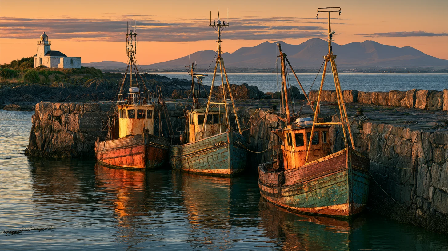 Ardglass harbour at golden hour, stone pier, working trawlers tied up at low tide, soft dusk light over the County Down coast