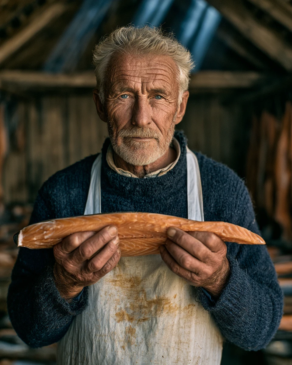 Patrick McKenna in the doorway of the smoking kiln, weathered hands, low light from the kiln behind him, head turned three-quarters to camera