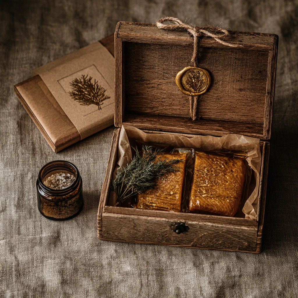 Open wooden gift box containing one whole side of cold-smoked salmon, greaseproof wrap, slicing knife, tasting note