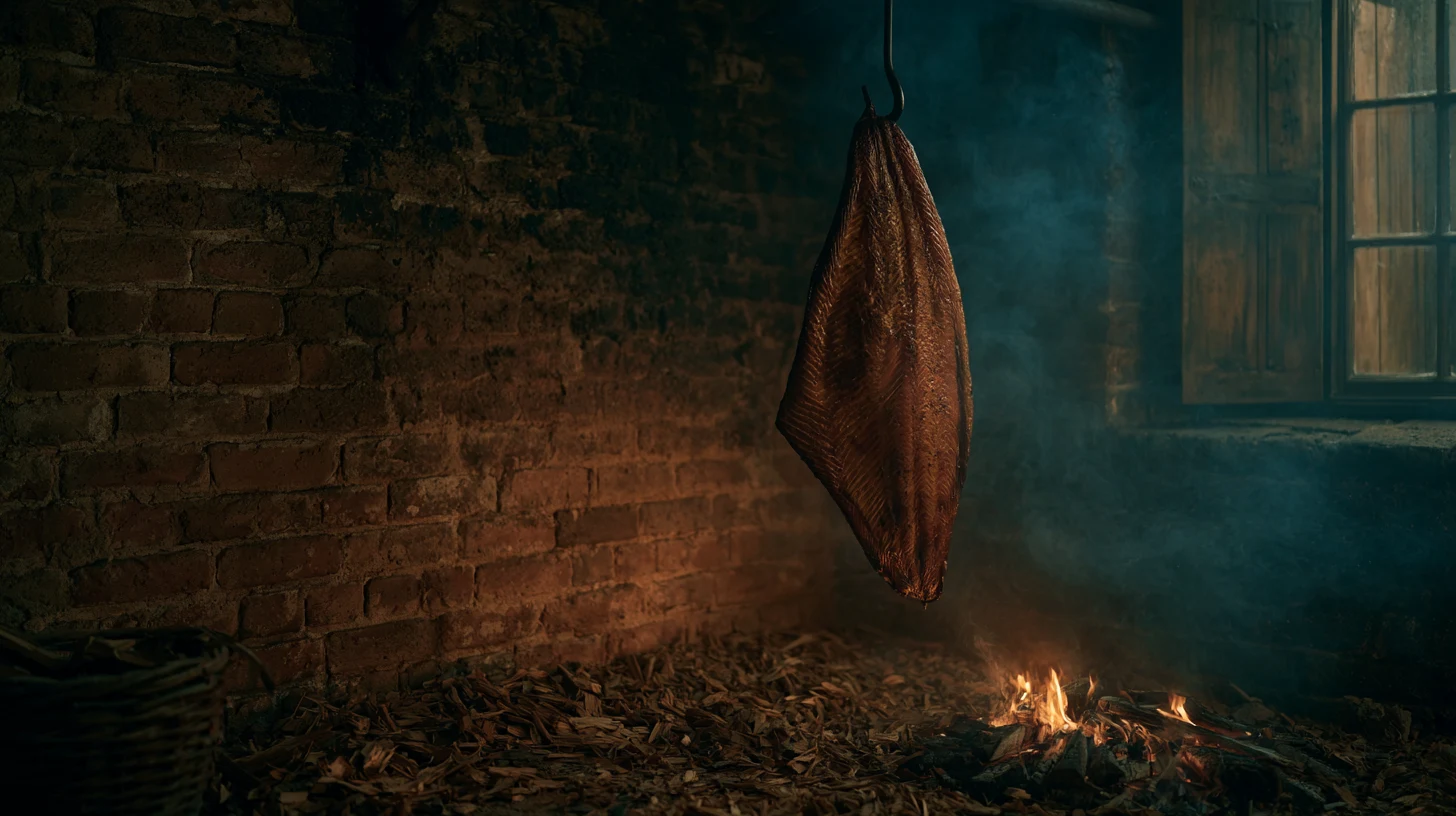 Single side of salmon hanging in the smoking kiln, fourteen hours in, oak smoke visible against the dark interior, deep amber light catching the flesh